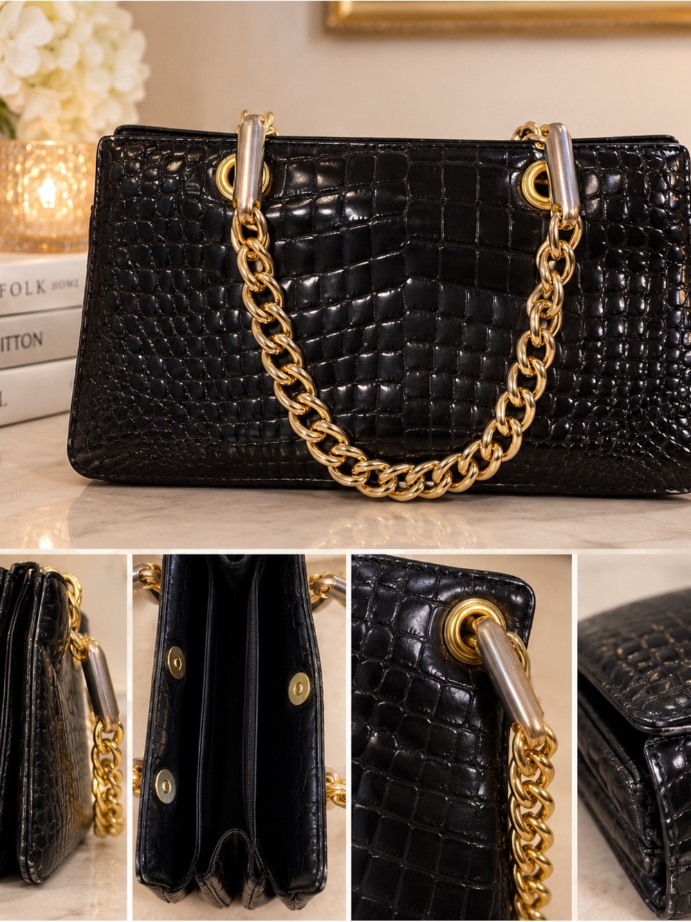 Black Croc-Alligator Embossed Chain Handle Shoulder Bag